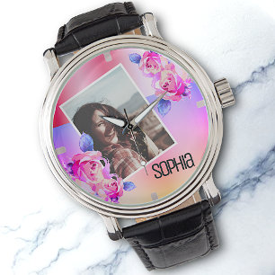 Photo Name Watercolor Floral Pink Flowers Roses  Watch
