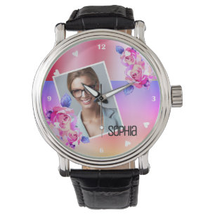 Photo Name Watercolor Floral Pink Flowers Roses Watch