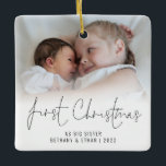 Photo Name Year First Christmas Big Sister Ceramic Ornament<br><div class="desc">Photo Overlay Names Year First Christmas As Big Sister. To celebrate your new baby and older sibling, with an elegant set script for First Christmas. Choose your favorite photo to replace the sample picture. Changes to colors of text can be made to better suit your photo if necessary via the...</div>