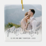 Photo Name Year First Christmas Mr Mrs Ceramic Ornament<br><div class="desc">Photo Overlay Names Year First Christmas As Mr And Mrs. To celebrate your first holiday as a married couple, easily personalize your names and year. With an elegant set script for First Christmas. Choose your favorite photo to replace the sample picture. Changes to colors of text can be made to...</div>