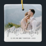 Photo Name Year First Christmas Mr Mrs Ceramic Ornament<br><div class="desc">Photo Overlay Names Year First Christmas As Mr And Mrs. To celebrate your first holiday as a married couple, easily personalize your names and year. With an elegant set script for First Christmas. Choose your favorite photo to replace the sample picture. Changes to colors of text can be made to...</div>