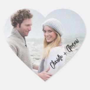 Photo names bride groom wedding favor heart sticker