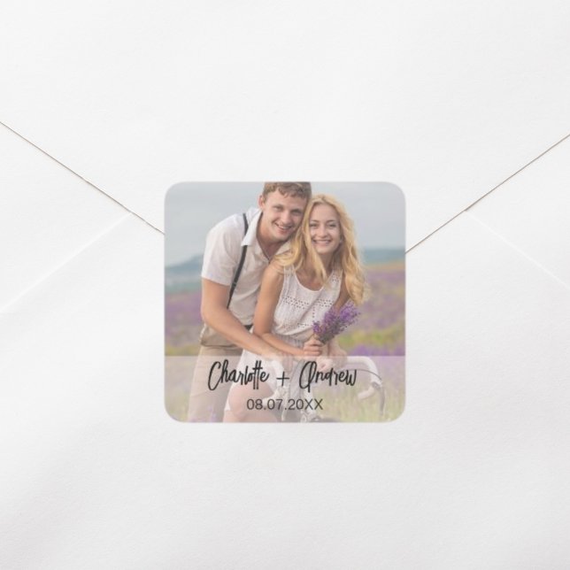Photo names bride groom wedding favor square sticker (Creator Uploaded)