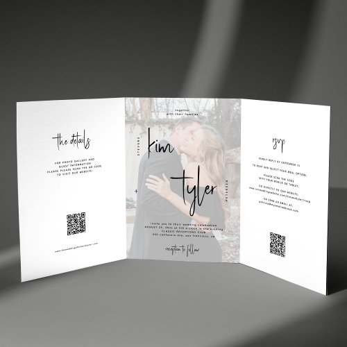 Photo names script wedding RSVP details QR code Tri_Fold Invitation