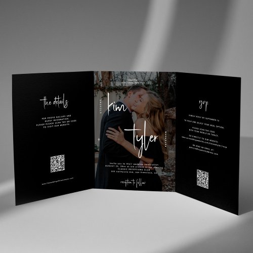 Photo names script wedding RSVP details QR code Tri_Fold Invitation