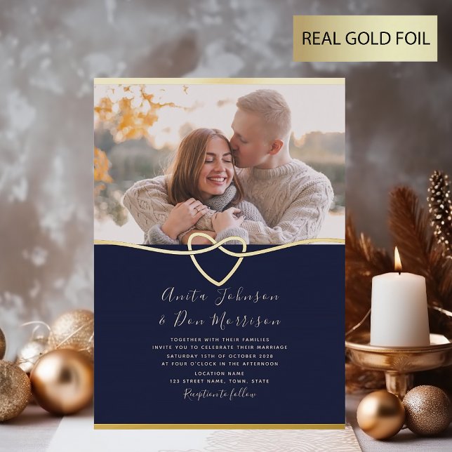 Photo Navy and Gold Rope Heart Wedding Foil Invitation (Creator Uploaded)