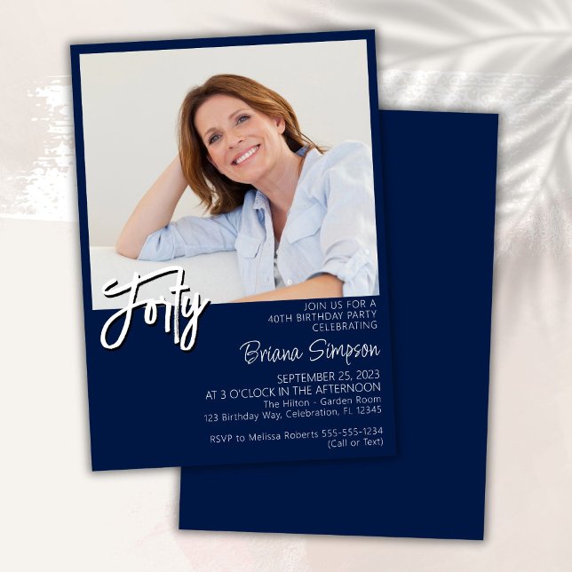 Photo Navy Blue 40th Birthday Invitation (Creator Uploaded)