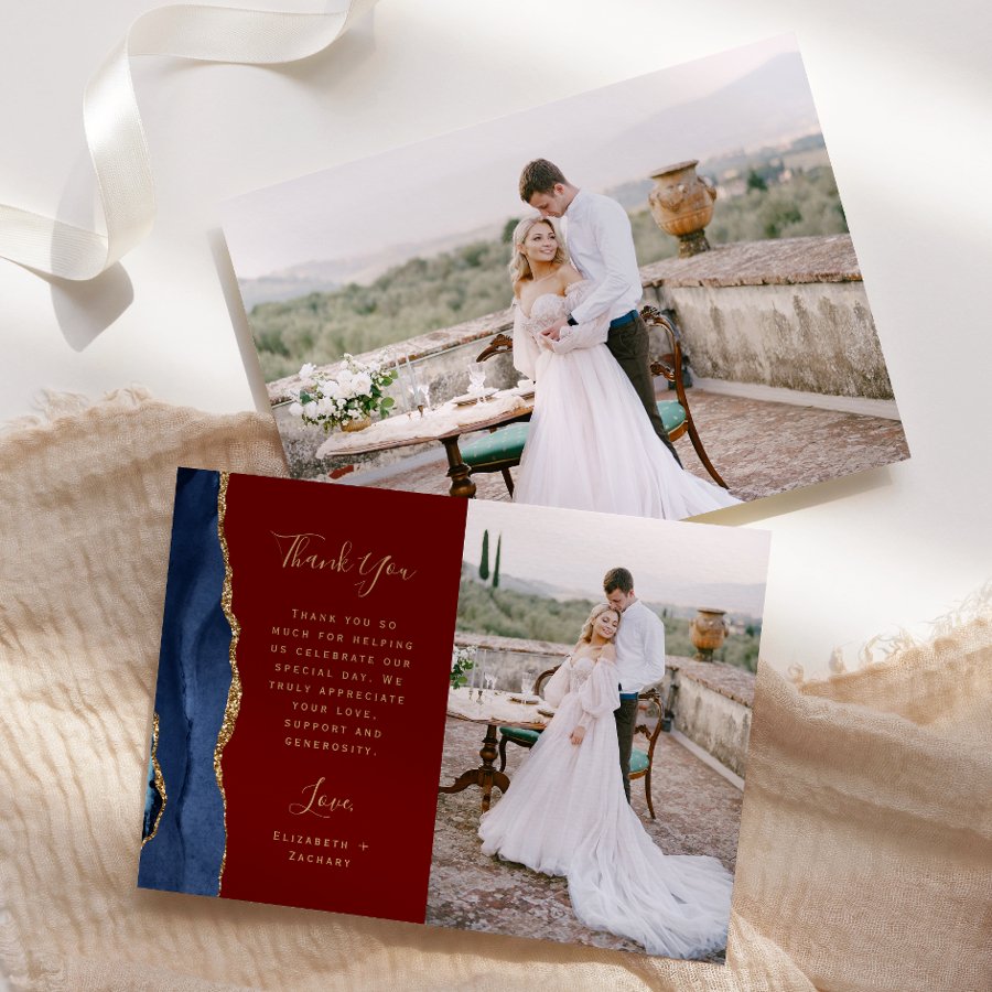 Photo Navy Blue Agate Burgundy Gold Script Wedding Thank You Card