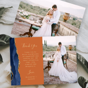 Photo Navy Blue Agate Gold Script Rust Wedding Thank You Card