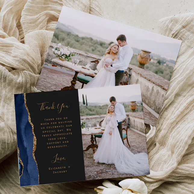 Photo Navy Blue Agate Gold Script Wedding Thank You Card | Zazzle