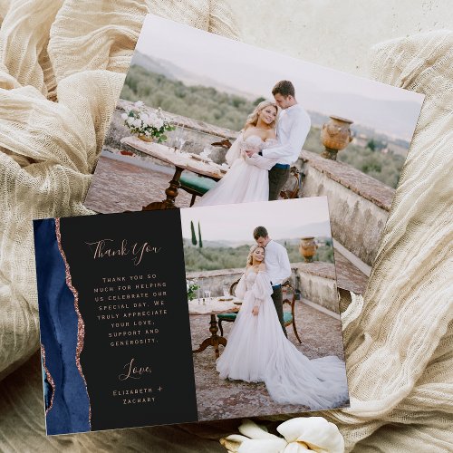 Photo Navy Blue Agate Rose Gold Dark Wedding Thank You Card