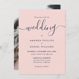 Photo Navy Blue and Blush Modern Script Wedding Invitation