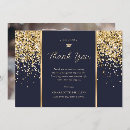 Photo Navy Blue and Gold Confetti Graduation Thank You Card