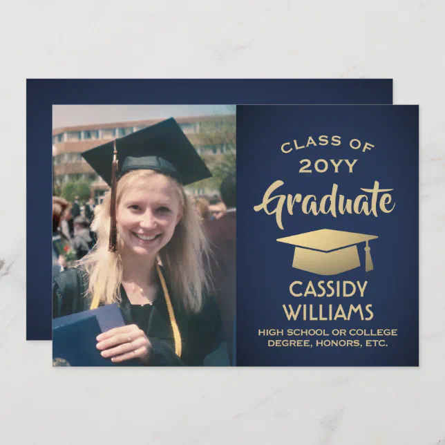 Photo Navy Blue and Gold Elegant Modern Graduation Invitation | Zazzle