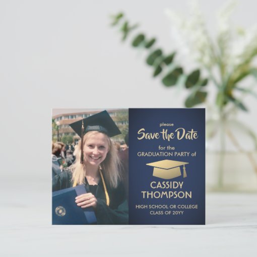 Photo Navy Blue and Gold Graduation Save the Date Postcard | Zazzle