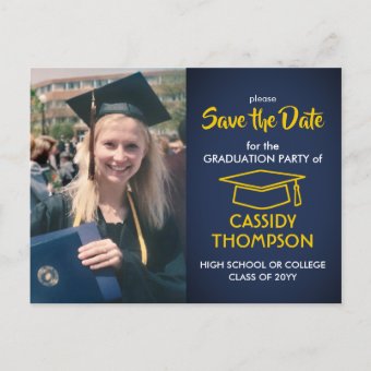 Photo Navy Blue and Gold Graduation Save the Date Postcard | Zazzle