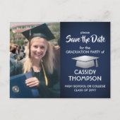 Photo Navy Blue and White Graduation Save the Date Postcard (Front)
