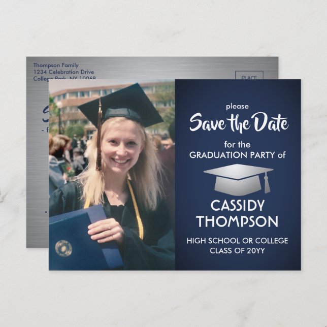 Photo Navy Blue and White Graduation Save the Date Postcard (Front/Back)