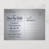 Photo Navy Blue and White Graduation Save the Date Postcard (Back)
