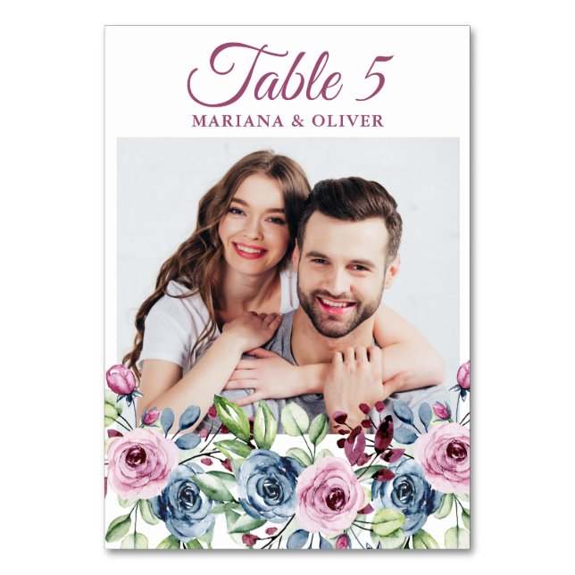 Photo Navy Blue Burgundy Floral Wedding Table Numb Table Number (Front)