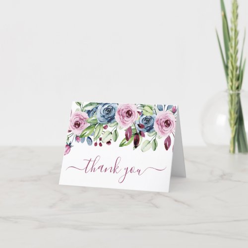 Photo Navy Blue Burgundy Floral Wedding Thank You Card