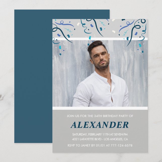 Photo Navy blue Confetti for him 34th birthday Invitation (Front/Back)