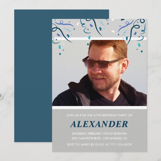 Photo Navy blue Confetti for him 67th birthday Invitation (Front/Back)