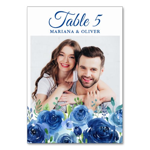 Photo Navy Blue Floral Wedding Table Number