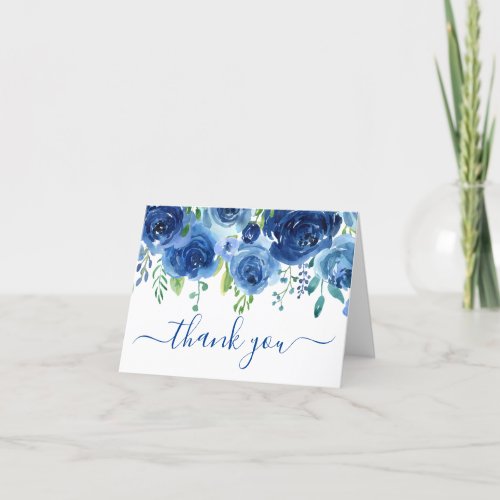 Photo Navy Blue Floral Wedding Thank You Card