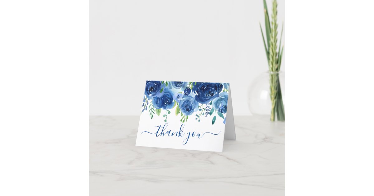Photo Navy Blue Floral Wedding Thank You Card | Zazzle