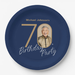 Photo Navy Blue Gold 70th Birthday Paper Plates