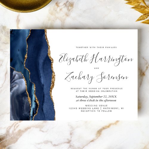 Photo Navy Blue Gold Agate Wedding Invitation