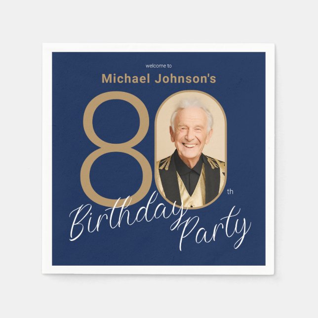 Photo Navy Blue Gold Elegant Custom 80th Birthday  Napkins (Front)