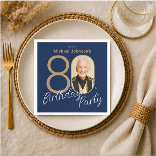 Photo Navy Blue Gold Elegant Custom 80th Birthday  Napkins