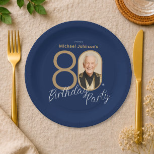 Photo Navy Blue Gold Elegant Custom 80th Birthday  Paper Plates