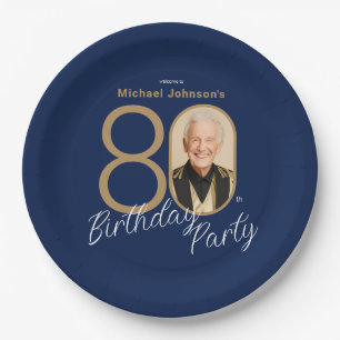 Photo Navy Blue Gold Elegant Custom 80th Birthday  Paper Plates