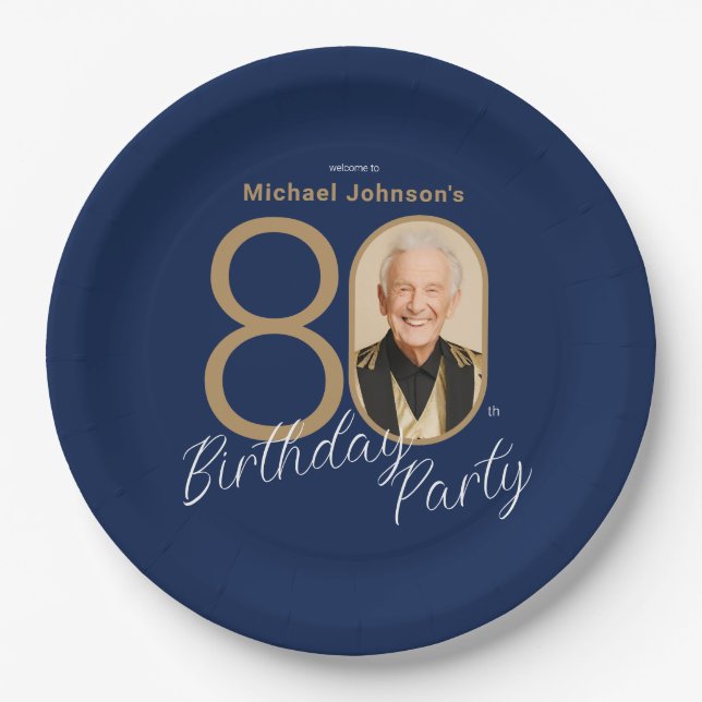 Photo Navy Blue Gold Elegant Custom 80th Birthday  Paper Plates (Front)