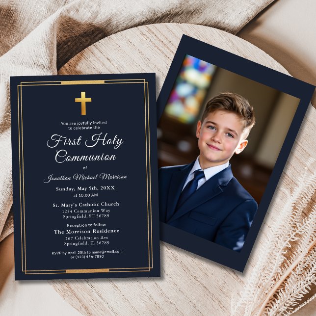 Photo Navy Blue Gold First Holy Communion  Invitation (Creator Uploaded)
