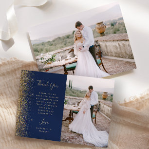 Photo Navy Blue Gold Glitter Script Wedding Thank You Card