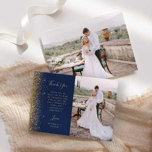 Photo Navy Blue Gold Glitter Script Wedding Thank You Card