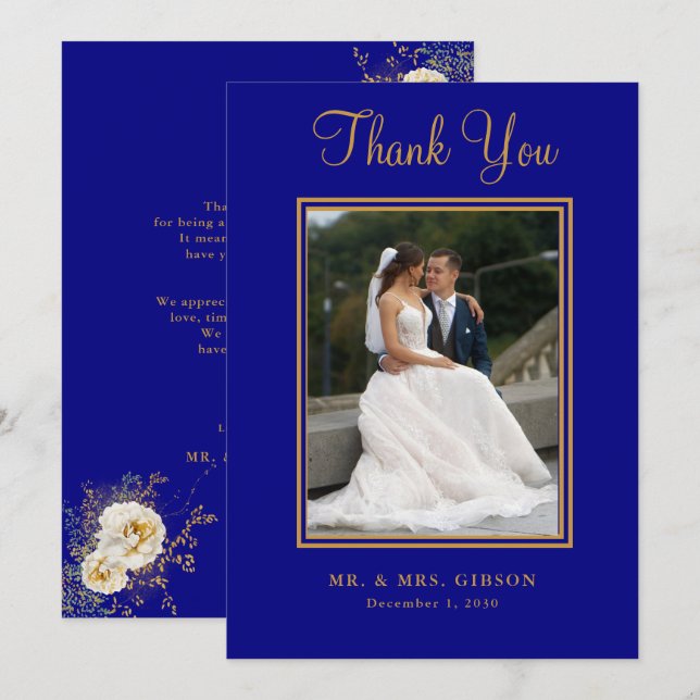 Photo Navy Blue Gold Script Wedding Thank You Card (Front/Back)