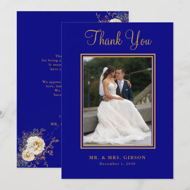 Photo Navy Blue Gold Script Wedding Thank You Card | Zazzle