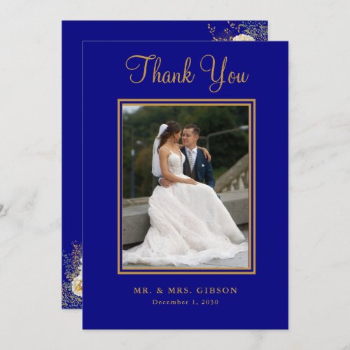 Photo Navy Blue Gold Script Wedding Thank You Card