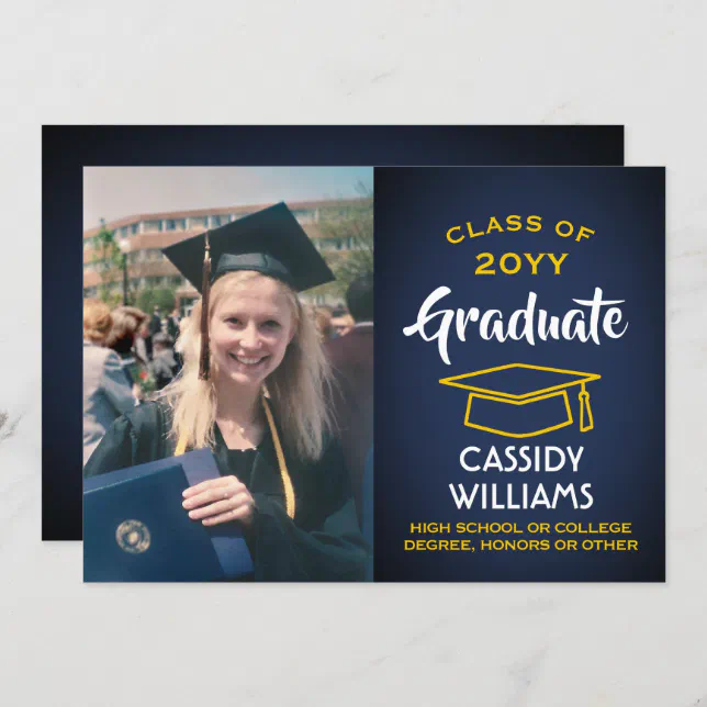 Photo Navy Blue Gold Yellow Modern Graduation Invitation | Zazzle