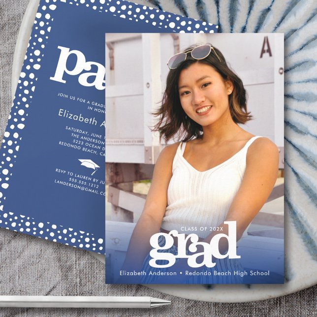 Photo navy blue modern bold grad party elegant invitation (Creator Uploaded)
