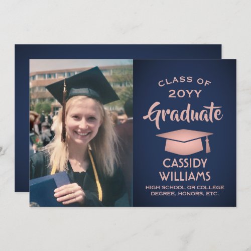 Photo Navy Blue  Pink Rose Gold Trendy Graduation Invitation