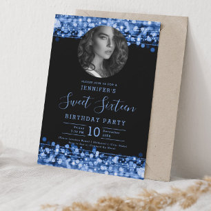 PHOTO Navy Blue Sparkles Sweet 16 Birthday Party Invitation