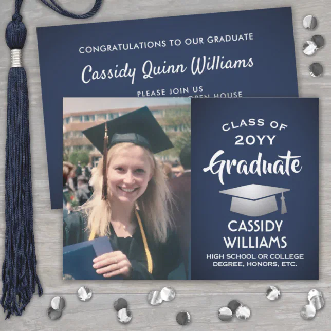 Photo Navy Blue White and Silver Modern Graduation Invitation | Zazzle