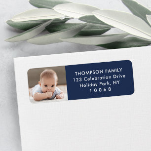 Photo Navy Blue White Simple Modern Return Address Label