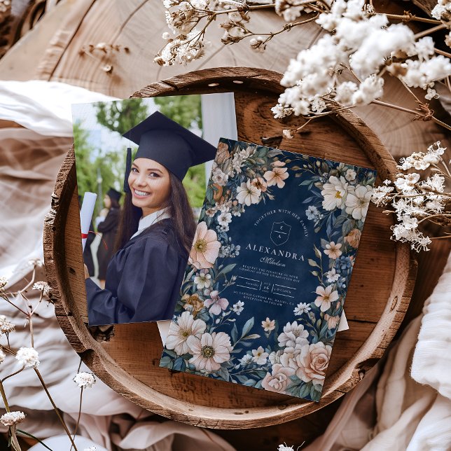 Photo Navy Blue Wildflower Meadow Garden Graduatio Invitation (Creator Uploaded)